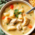 Cozy up with hearty chicken pot pie soup, a comforting meal.