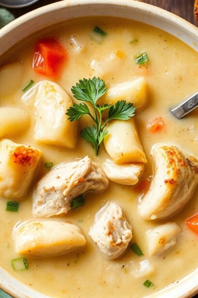 Cozy up with hearty chicken pot pie soup, a comforting meal.