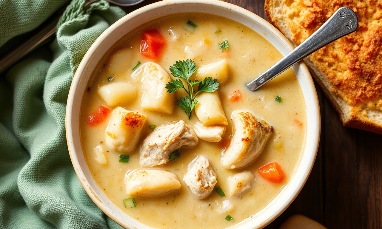 Cozy up with hearty chicken pot pie soup, a comforting meal.