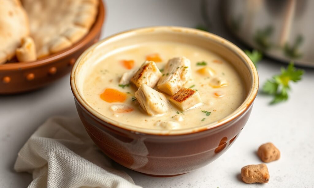 Cozy up with hearty chicken pot pie soup after a long day.