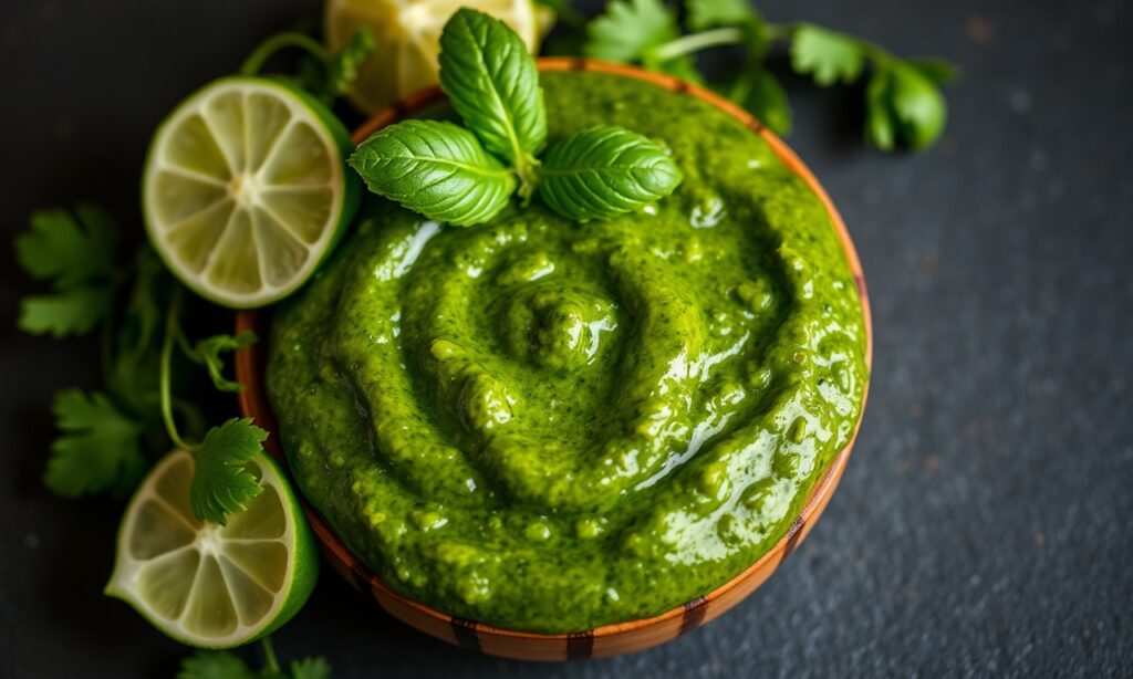 Zesty Italian salsa verde, bright, tangy flavor for meals.