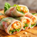 Irresistible fresh Thai shrimp summer rolls with zesty peanut dip.