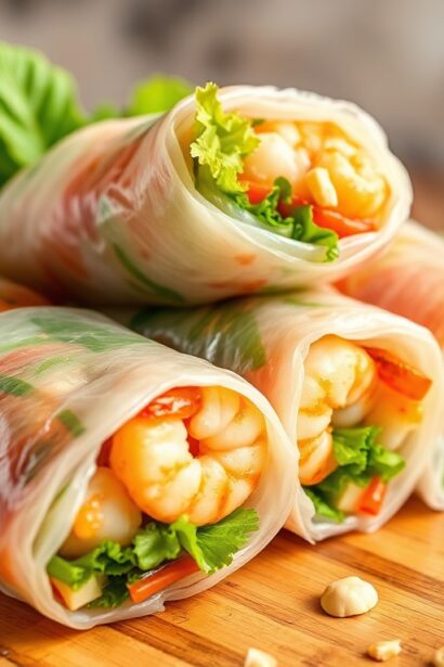 Irresistible fresh Thai shrimp summer rolls with zesty peanut dip.