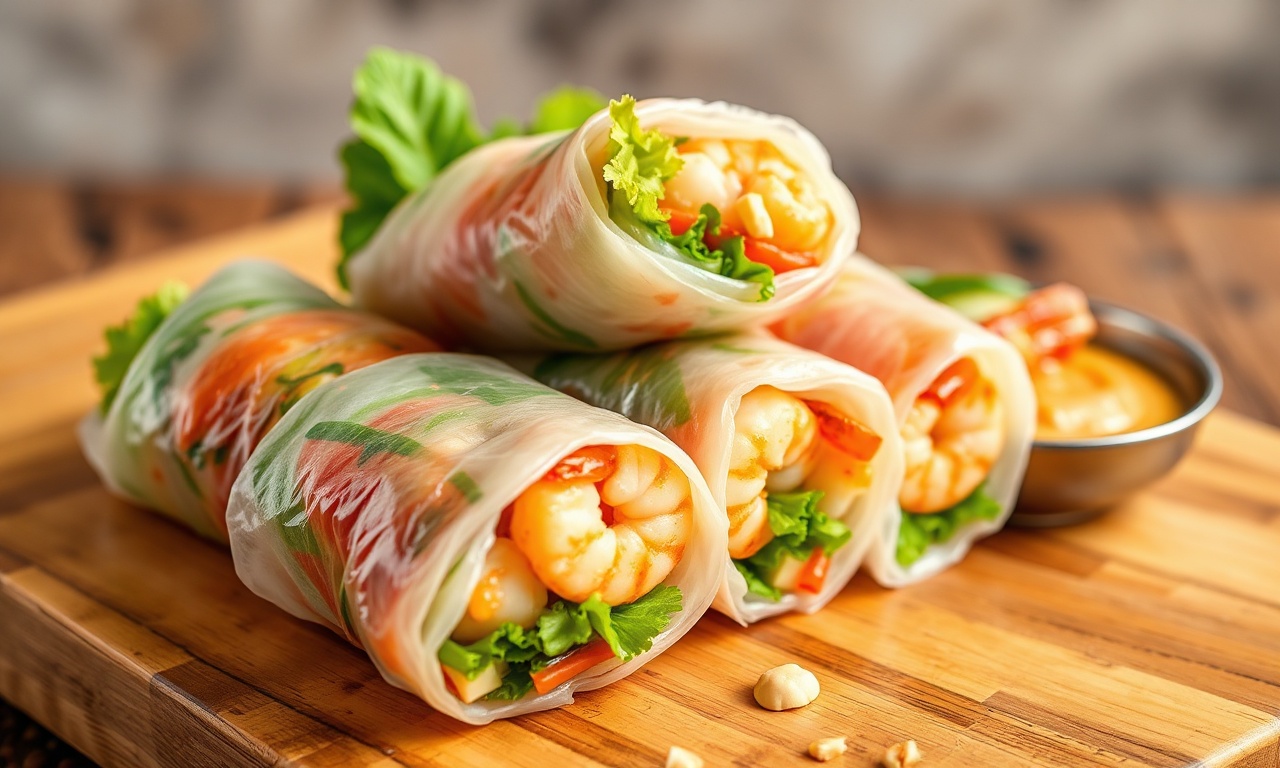 Irresistible fresh Thai shrimp summer rolls with zesty peanut dip.