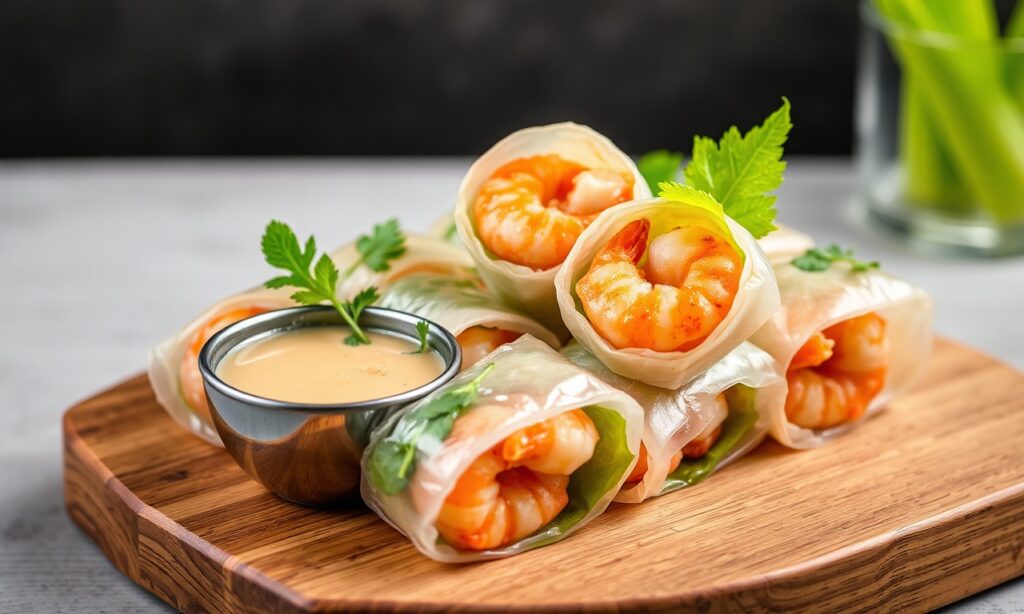 Irresistible fresh Thai shrimp summer rolls with zesty peanut dip.