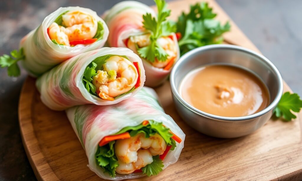 Irresistible fresh Thai shrimp summer rolls with zesty peanut dip.