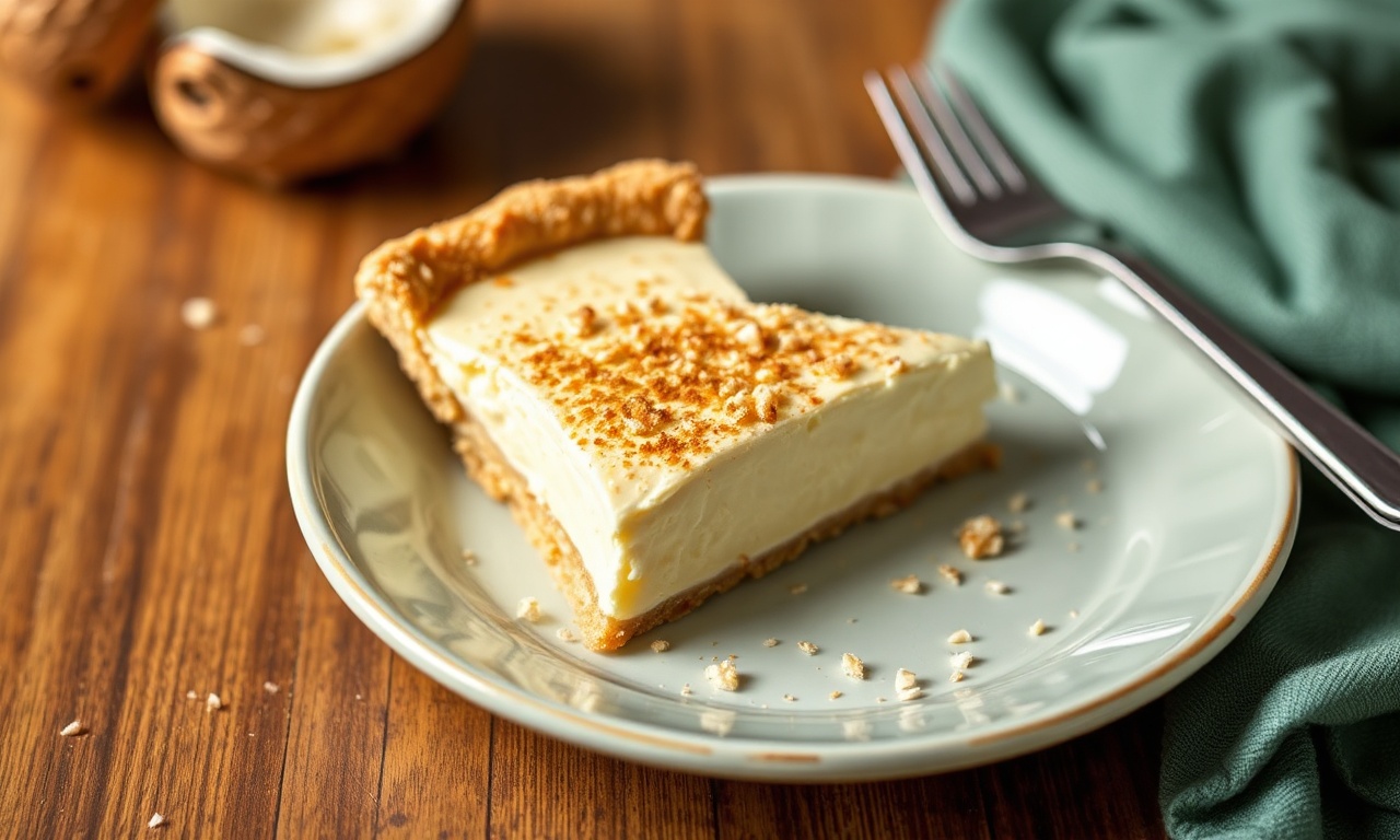 Decadent coconut custard pie, tropical twist on tradition.