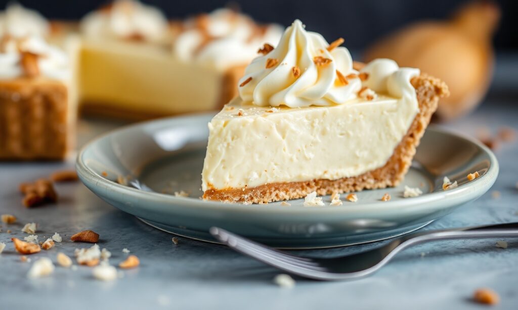 Decadent coconut custard pie, golden and warm, tropical twist on tradition.