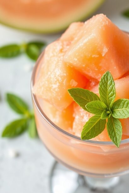 Refreshing cantaloupe mint sorbet, a cool summer treat.