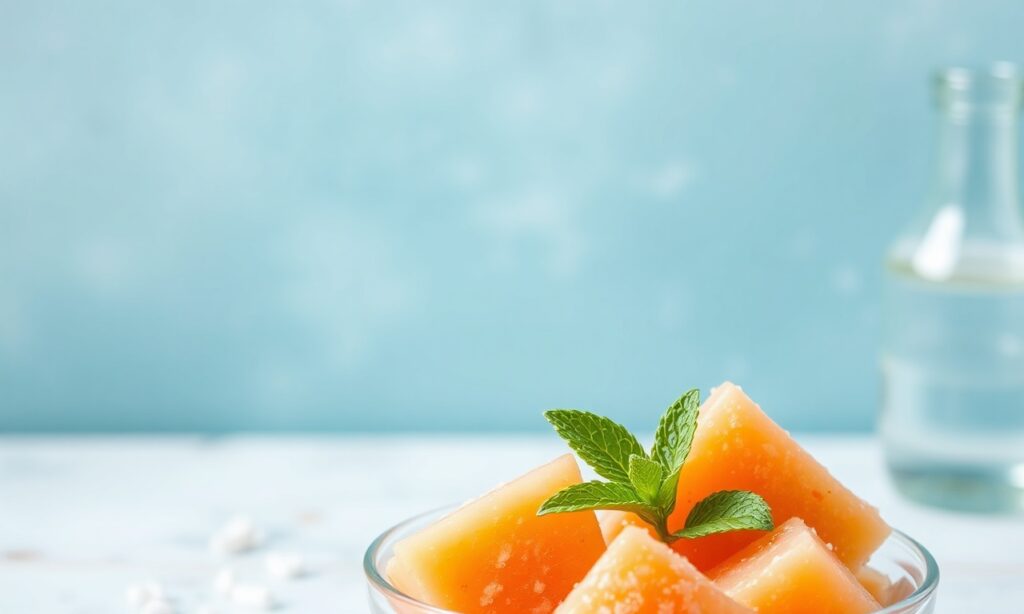 Refreshing cantaloupe mint sorbet, a cool, fresh summer treat.