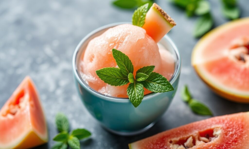 Refreshing cantaloupe and mint sorbet, a cool summer dessert.