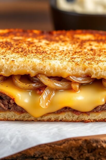 Savor classic patty melt on toasted rye bread.