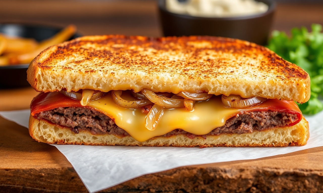 Savor classic patty melt on toasted rye bread.