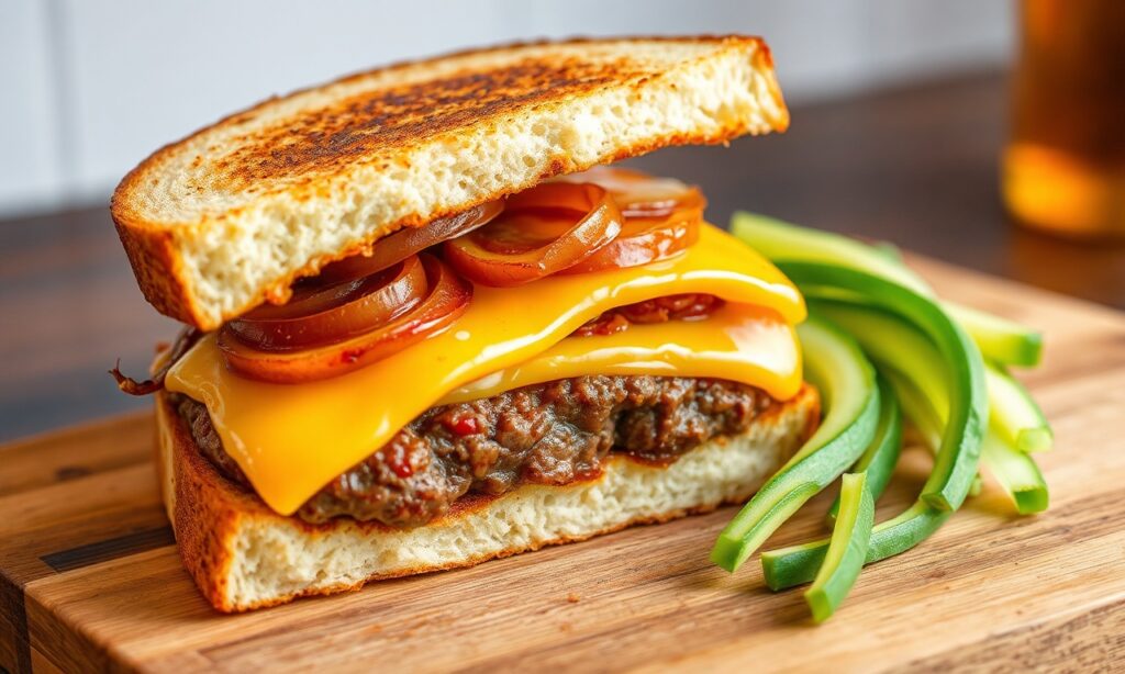 Savor classic patty melt on rye: delicious comfort food.