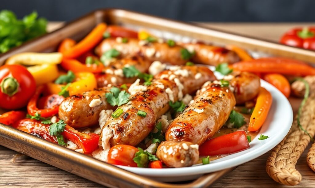 Quick Easy sheet pan sausage and peppers recipe.