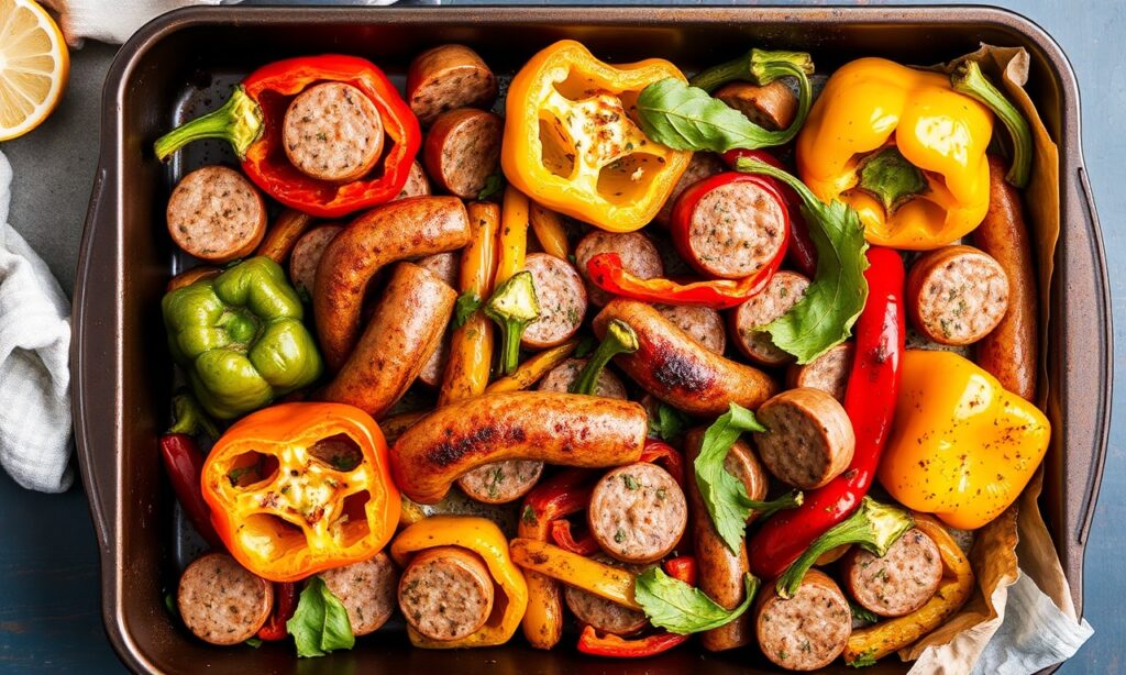 Quick easy sheet pan sausage and peppers dinner recipe.