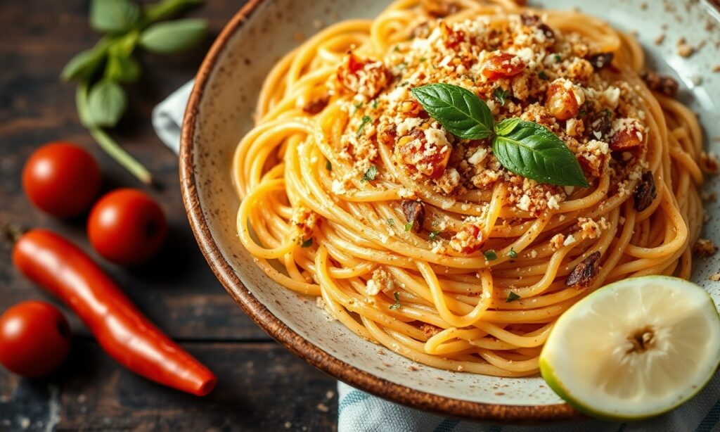 Crunchy anchovy spaghetti: Rustic Italian pasta delight.