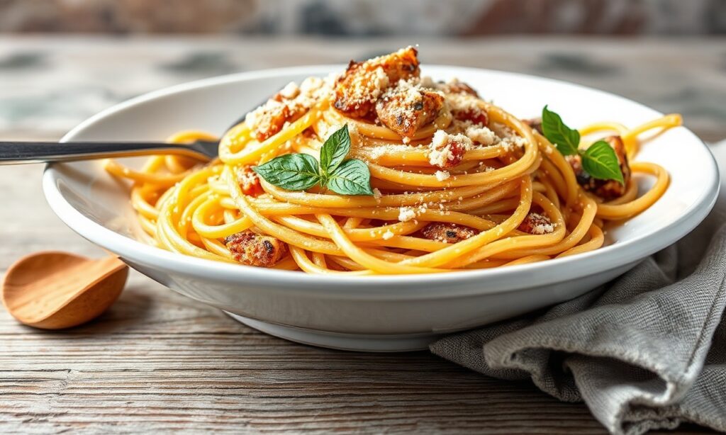Crunchy anchovy spaghetti: Italy's rustic pasta delight, sun-drenched and delicious.