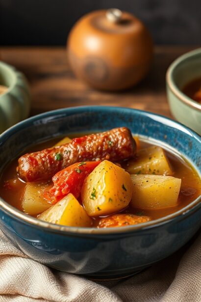 Hearty potato smoked sausage stew to warm up your soul.