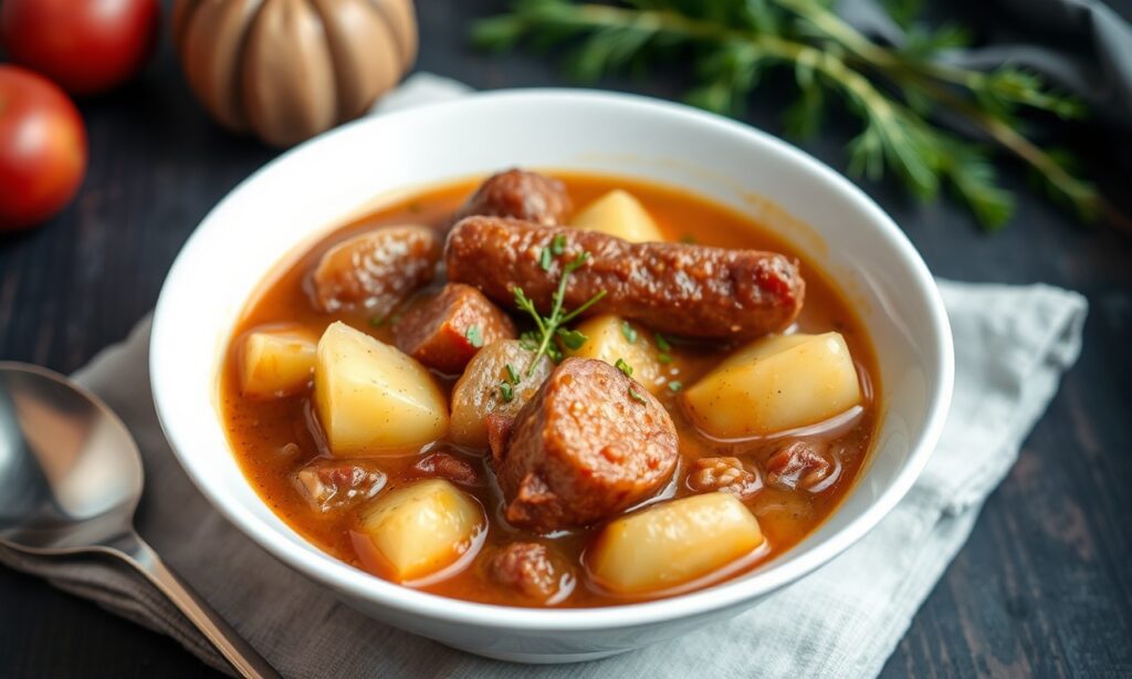 Hearty potato smoked sausage stew to warm up your soul.