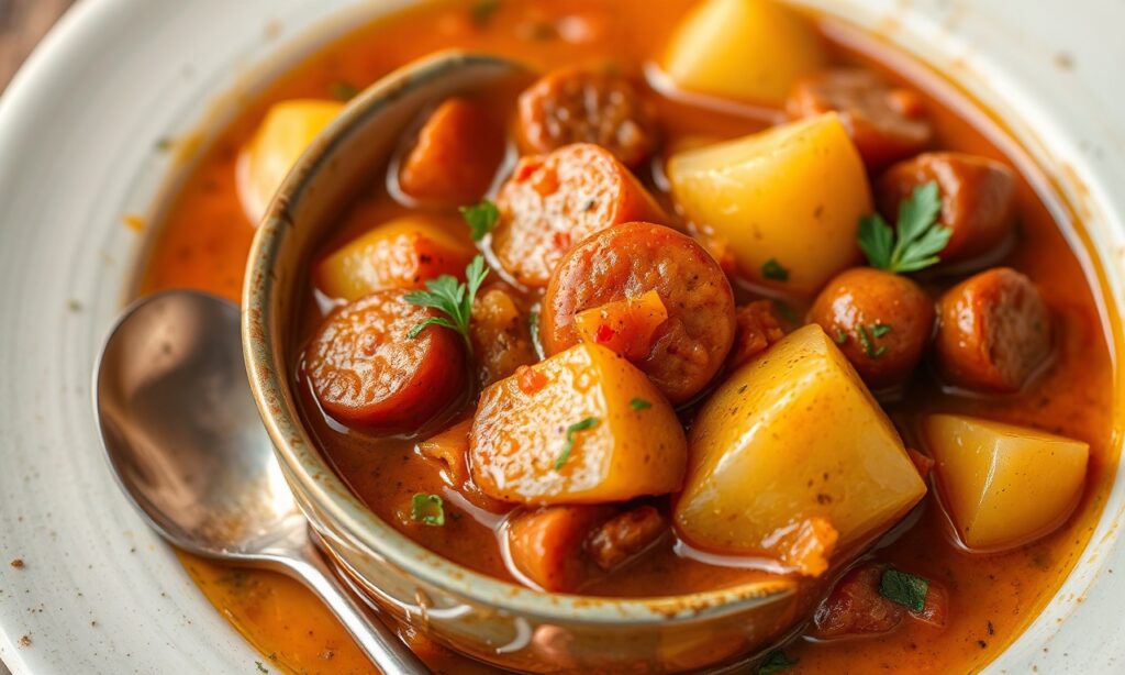 Hearty potato smoked sausage stew to warm up on chilly evenings.