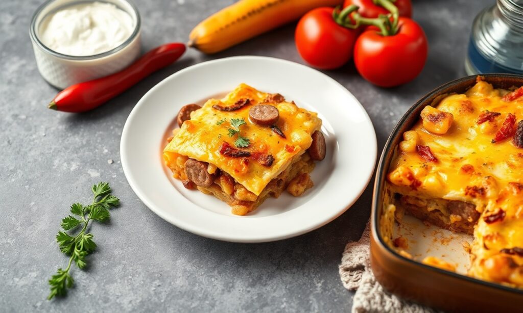 Hearty Whole30 breakfast casserole with sausage and veggies.