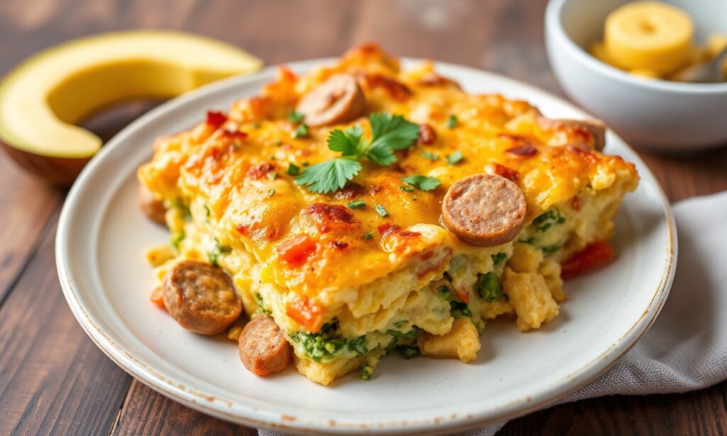 Hearty Whole30 breakfast casserole with sausage and veggies.