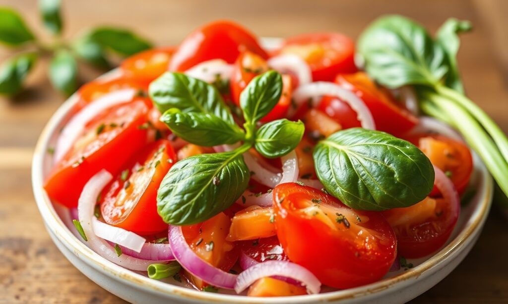 Quick tomato onion salad recipe: bright, tangy, and refreshing.