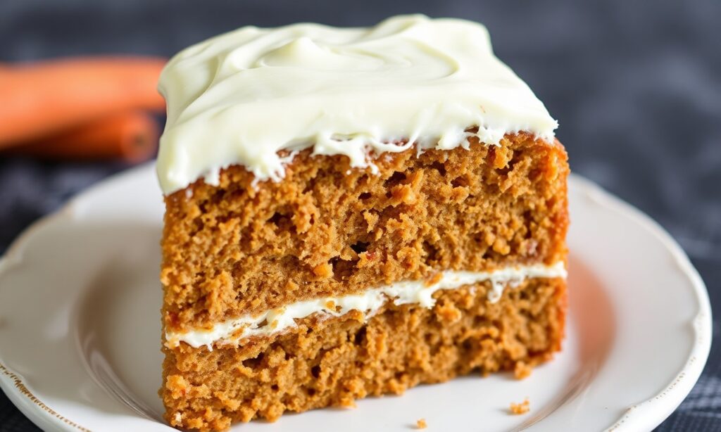 Irresistible carrot cake with luscious cream cheese frosting slice.