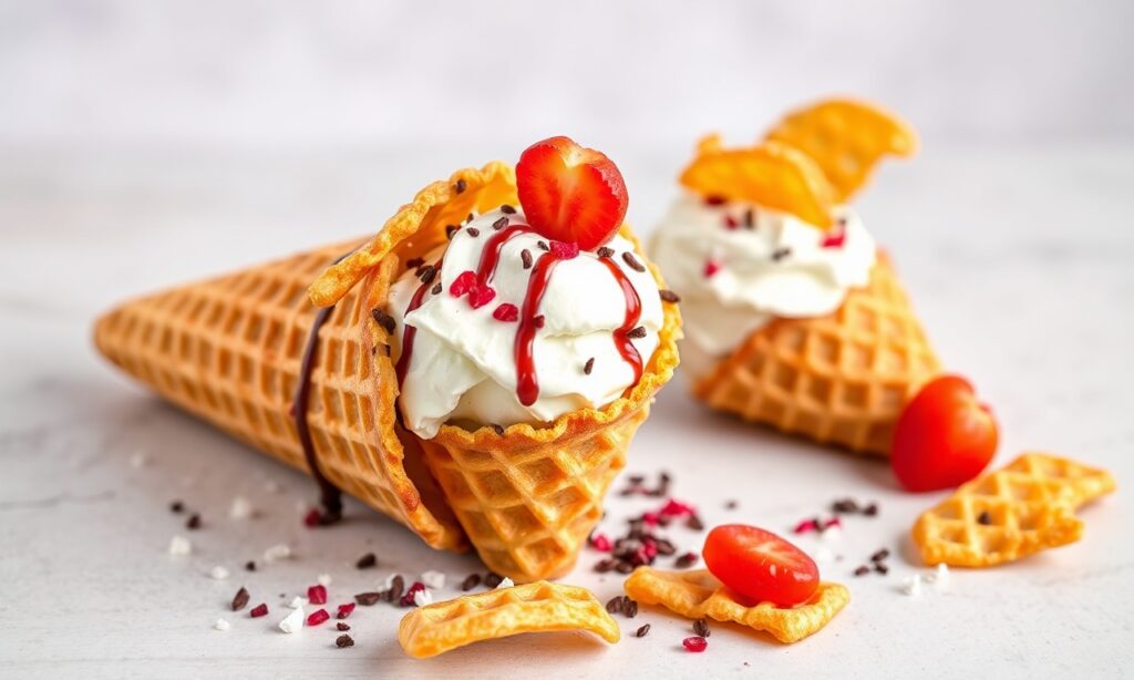 Ice cream nachos with waffle cone chips: a crunchy, delightful treat.