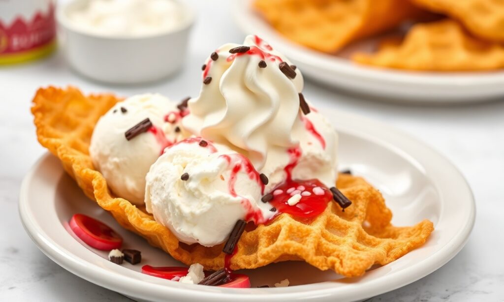 Ice cream nachos with waffle cone chips: a crunchy, delightful summer treat.