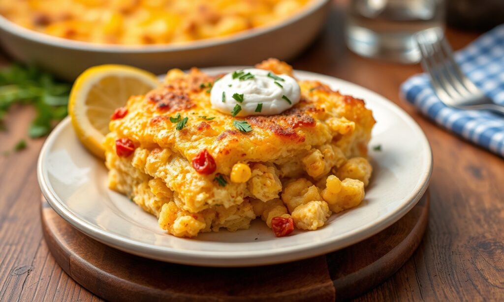 Cheesy Southwest Chicken casserole with cornbread, a delicious, easy dinner.