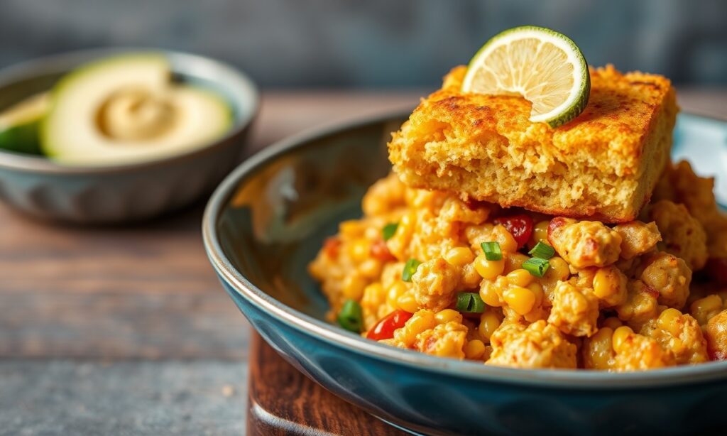Southwest chicken casserole with cornbread topping.
