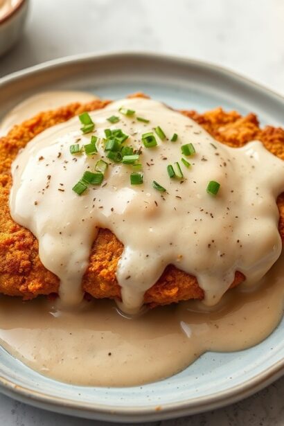 Delicious chicken fried steak with creamy gravy, Southern comfort food.