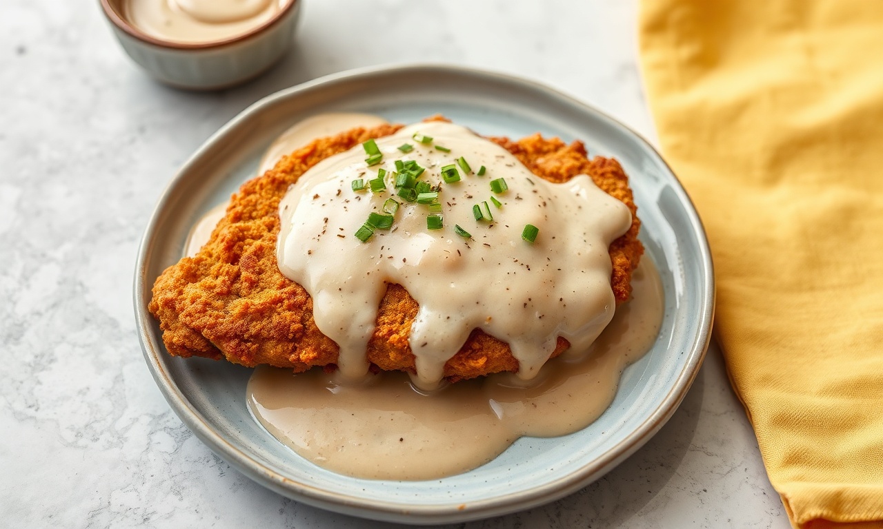 Delicious chicken fried steak with creamy gravy, Southern comfort food.