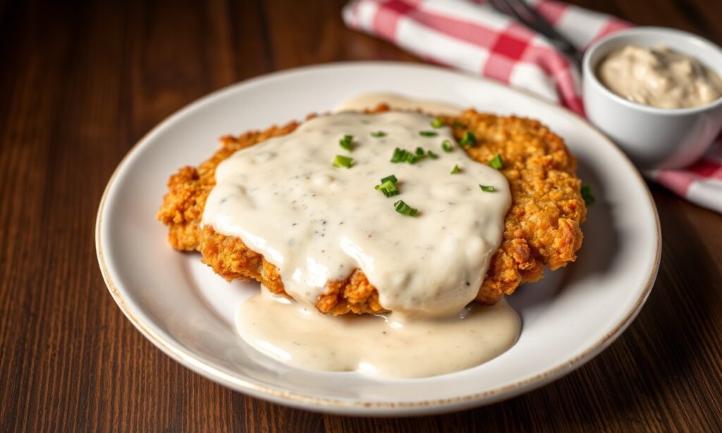 Delicious chicken fried steak with creamy gravy, Southern comfort food.