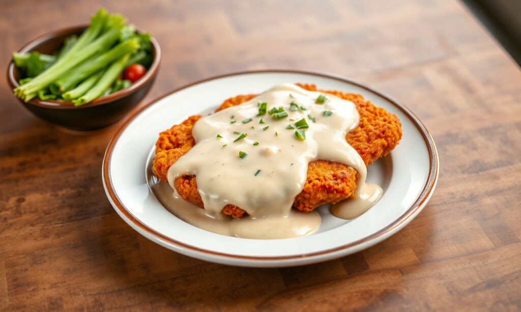 Delicious chicken fried steak with creamy gravy, Southern comfort food.